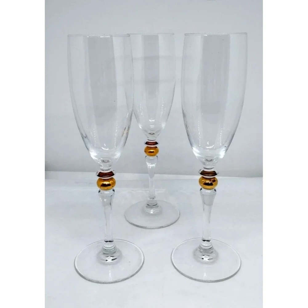 3 Champagne Flutes Cortina Gold Wafer in Stem by Cristal D'Arques-Durand